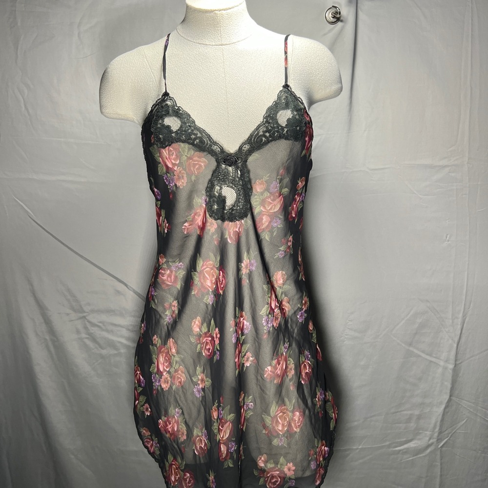 Deena Vintage Sheer Floral Rose‎ Lace Cami Slip Dress Womens S Romantic whimsy
